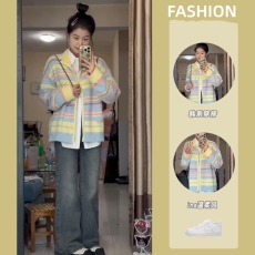 批发多巴胺<b class='q'>彩色</b>设计感拉链开衫氛围感慵懒打底衬衣针织毛衣牛仔裤套装