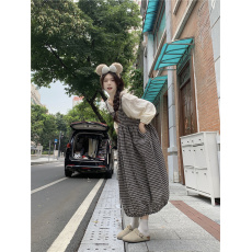 批发实拍实价文艺宽松花苞格子背带连衣裙<b class='q'>婴儿</b>纱长袖内搭两件套