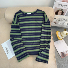 批发实拍条纹长袖t恤女春秋薄款2026新款韩版潮圆领上衣<b class='q'>大码</b>女装200斤