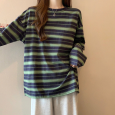 批发实拍条纹长袖t恤女春秋薄款2026新款韩版潮圆领上衣<b class='q'>大码</b>女装200斤
