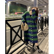 批发设计感条纹复古长款大毛衣女春秋新款宽松韩版慵懒风百搭<b class='q'>开衫</b>外套