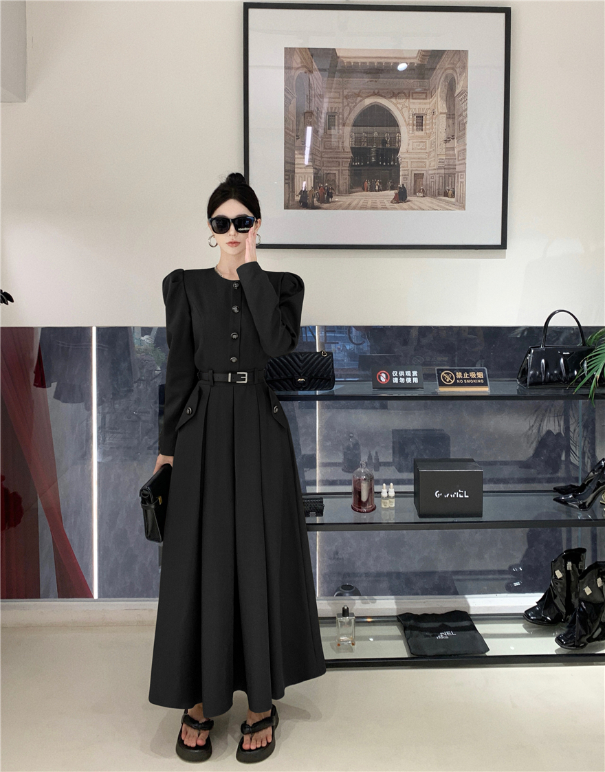 Autumn round neck single breasted slim waist long suit dress