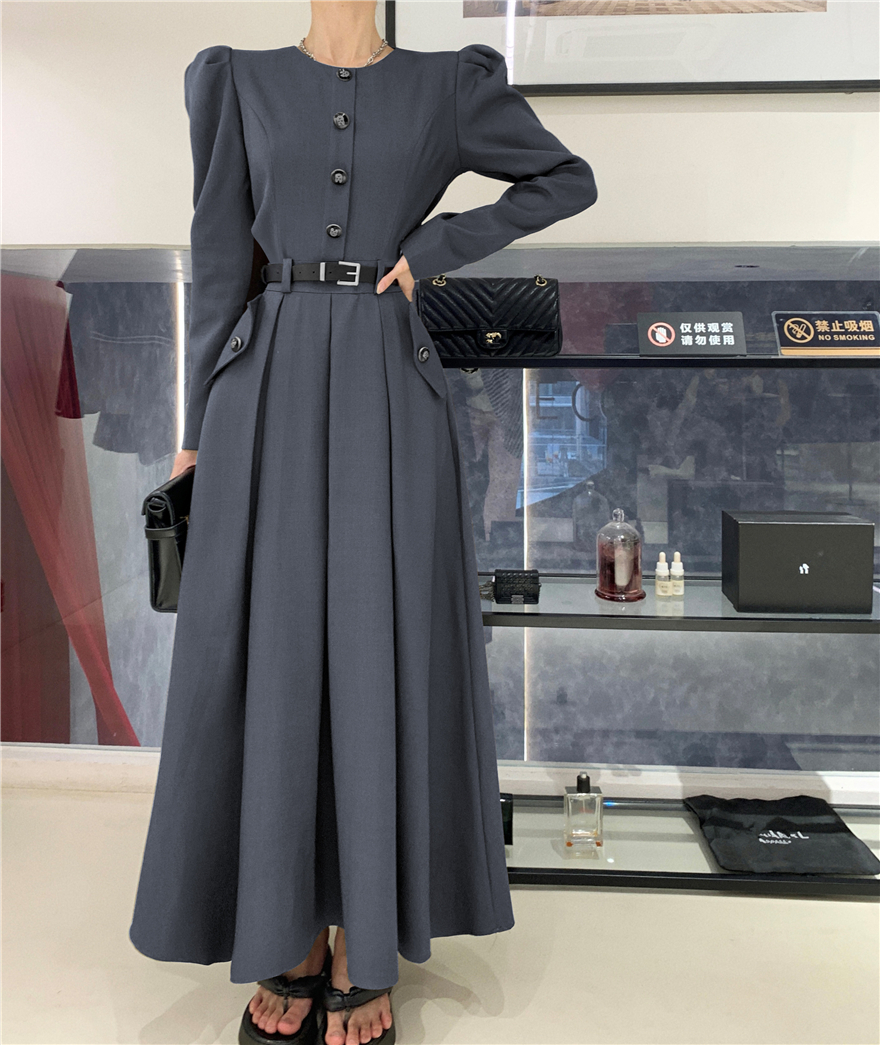 Autumn round neck single breasted slim waist long suit dress