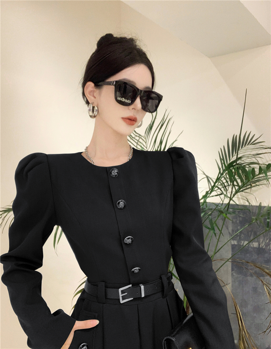 Autumn round neck single breasted slim waist long suit dress