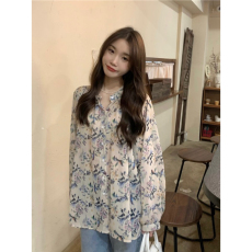 批发法式别致宽松碎花<b class='q'>衬衫</b>上衣女韩版花<b class='q'>衬衣</b><b class='q'>长袖</b>复古雪纺衫