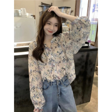 批发法式别致宽松碎花<b class='q'>衬衫</b>上衣女韩版花<b class='q'>衬衣</b><b class='q'>长袖</b>复古雪纺衫