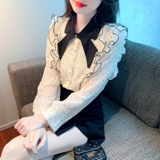 批发2026春秋季新款甜美蝴蝶结波点撞色木耳边排扣宽松长袖<b class='q'>衬衫</b>女秋