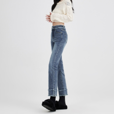 直筒牛仔裤女2023年秋季新款高腰显瘦小个子毛边九分设计感烟管裤