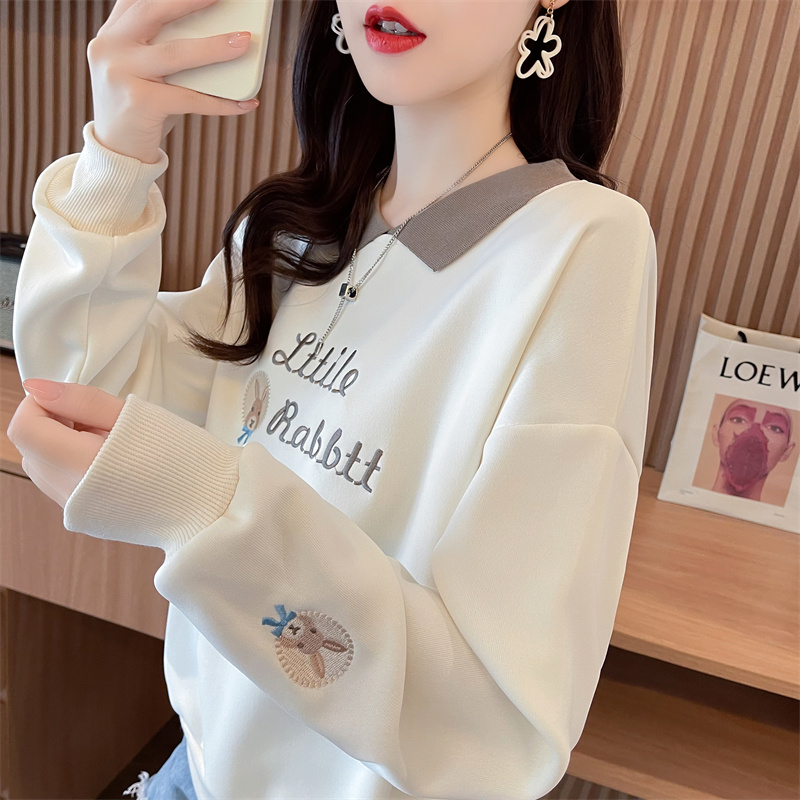 Real shot of Chinese cotton composite large size women's spring and autumn thin long-sleeved sweatshirt for women Korean style loose OP collar splicing top Internet celebrity