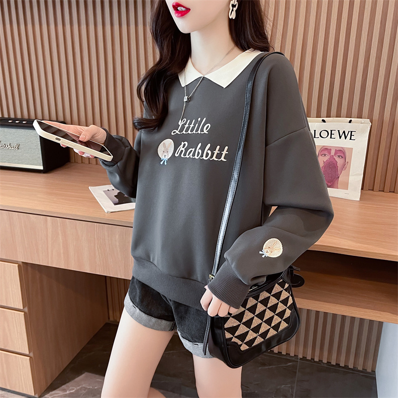 Real shot of Chinese cotton composite large size women's spring and autumn thin long-sleeved sweatshirt for women Korean style loose OP collar splicing top Internet celebrity