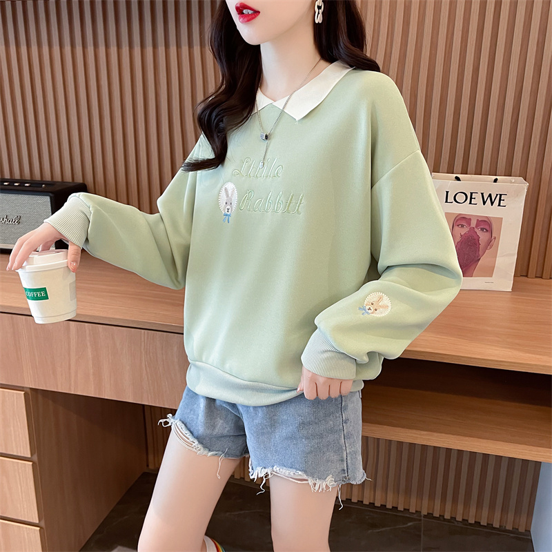 Real shot of Chinese cotton composite large size women's spring and autumn thin long-sleeved sweatshirt for women Korean style loose OP collar splicing top Internet celebrity