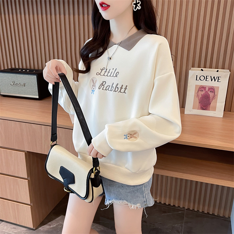 Real shot of Chinese cotton composite large size women's spring and autumn thin long-sleeved sweatshirt for women Korean style loose OP collar splicing top Internet celebrity