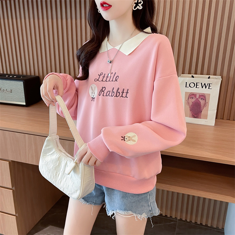 Real shot of Chinese cotton composite large size women's spring and autumn thin long-sleeved sweatshirt for women Korean style loose OP collar splicing top Internet celebrity