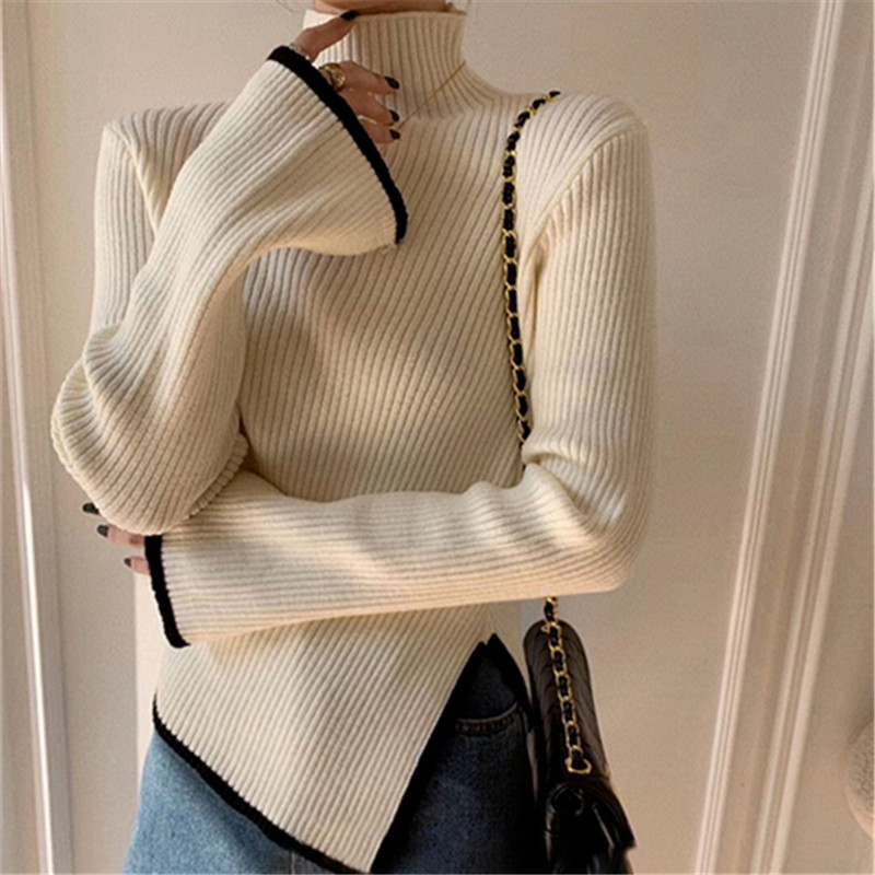 Irregular knitted top  new design niche lazy style early spring turtleneck sweater for women autumn and winter