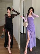 实拍～大码女装胖MM吊带连衣裙辣妹修身性感开叉网纱长裙两件套