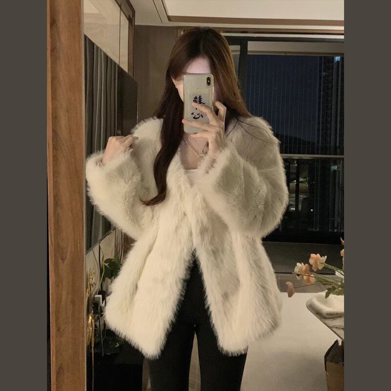 French style high-end imitation fur coat women's winter thickened loose lazy wind double-breasted warm plush v-neck cotton coat
