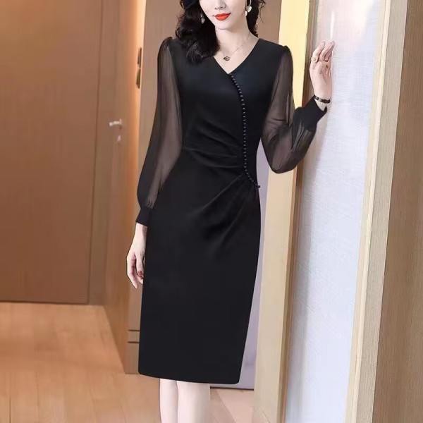 RM23736#简约淑女长袖通勤秋季黑色高端包臀裙气质裙子