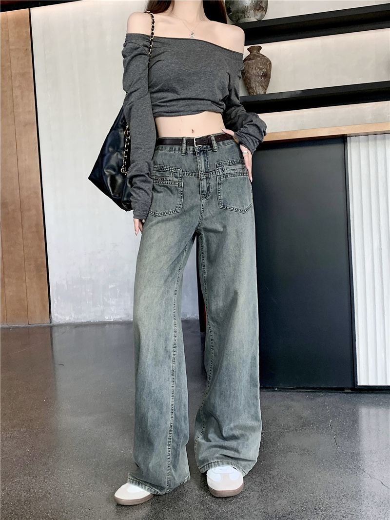~New high-waisted slimming retro distressed all-match straight floor-length wide-leg jeans for women