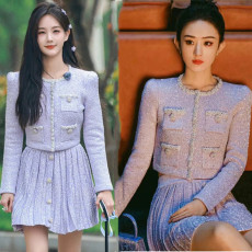 批发女子推理社李一桐<b class='q'>赵</b><b class='q'>丽</b><b class='q'>颖</b><b class='q'>同款</b>紫色针织开衫百褶半裙子套装潮