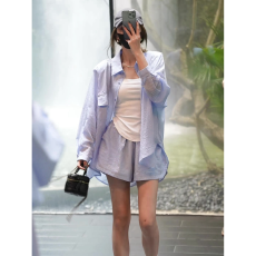 批发盐系穿搭高级感短<b class='q'>裤</b>套<b class='q'>装</b>女早春洋气御姐条纹防晒<b class='q'>衬衫</b>两件套<b class='q'>装</b>夏季