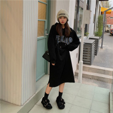 批发<b class='q'>牛奶</b><b class='q'>丝</b>复合贝贝绒有口袋秋冬季加绒韩版连帽卫衣裙开叉懒人长裙