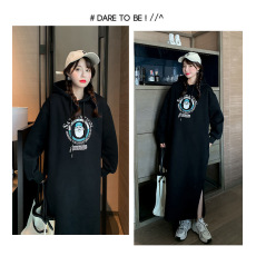 批发<b class='q'>牛奶</b><b class='q'>丝</b>复合贝贝绒有口袋秋冬季加绒带帽卫衣裙潮妈孕妇裙连衣长裙