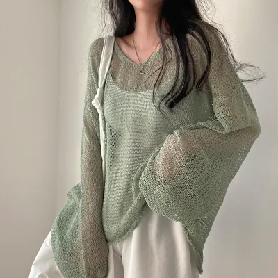 한국 chic 여름 프랑스식 레트로 느긋한 바람 루즈핏 긴팔 홀로우 아웃 얇은 스타일 니트 자외선 차단 블라우스 맨위 여성