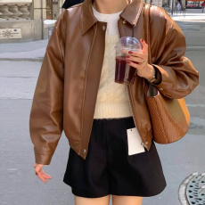 批发尺寸已更新 法式复古时尚港风长袖PU皮衣外套女机车夹克上衣