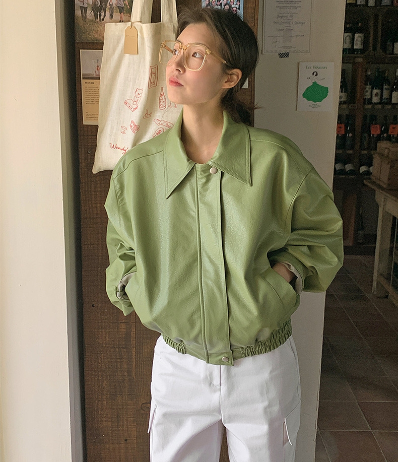 Fruit green solid color retro jacket style PU leather short coat Korean style autumn new Hong Kong style casual gram top