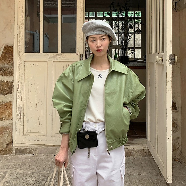 Fruit green solid color retro jacket style PU leather short coat Korean style autumn new Hong Kong style casual gram top