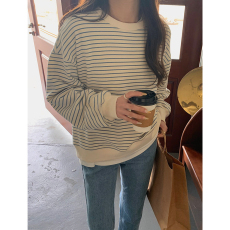 批发韩国外贸韩版春季新款鱼鳞薄款卫衣女宽松条纹上衣圆领套头长袖