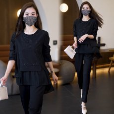 批发大码套装女装长袖2026春季新款胖MM宽松显瘦黑色上衣长裤两件套女
