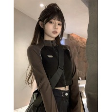 批发复古撞色长袖拉链外套女春季2026新款短款显瘦设计感辣妹高腰上衣