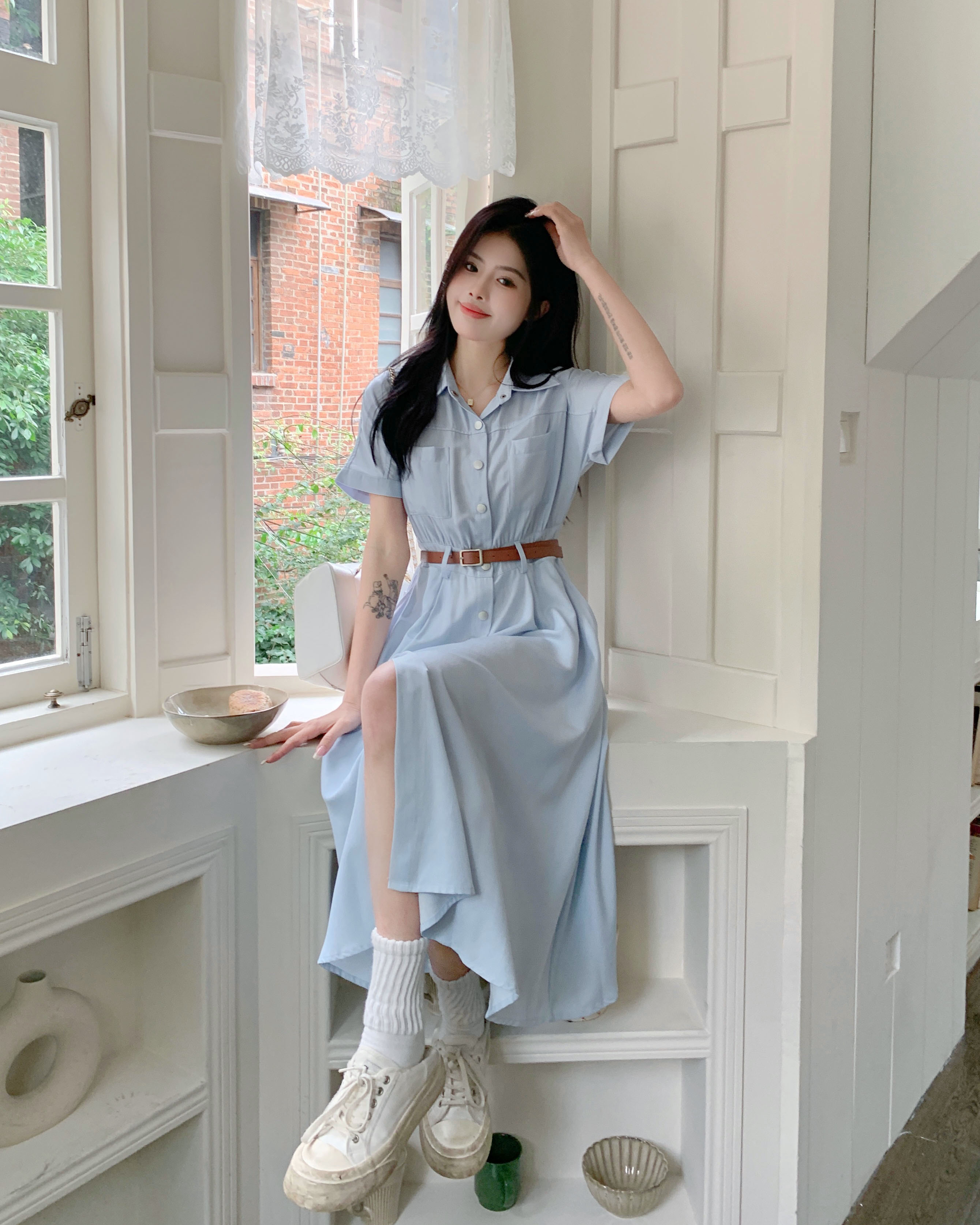 실사 2026 여름 빅 사이즈 슬림해 보이는 출퇴근 폴로 칼라 드레스 벨트 포함 허리 수축 한 마디 오픈 가디건 중간 길이 스커트
