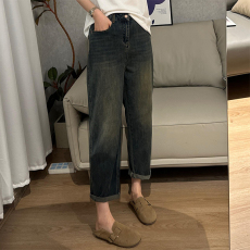 秋季2023新款大码女装高腰哈伦牛仔裤显瘦胖mm梨型身材直筒老爹裤