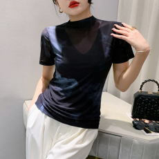 批发2026春秋新款时尚半高领网纱印花T恤修身打底衫小衫上衣女