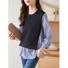 批发气质百搭条纹衬衫女2026春季韩版宽松休闲设计感拼接上衣