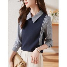 批发通勤衬衫领拼接假两件针织衫女春季新款内搭长袖打底衫上衣