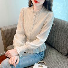 批发2025秋季新款法式<b class='q'>雪纺衫</b>压褶木耳边<b class='q'>淑女</b>长袖上衣韩版气质长袖衬衣