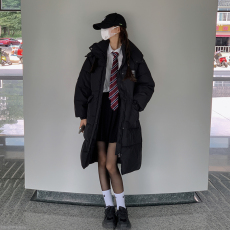 实拍新款WAHJUIS韩剧女学生黑色棉服连帽过膝中长款羽绒棉衣外套