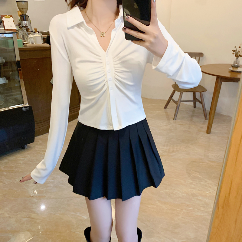 實拍~秋冬新款女設計感褶皺長袖T恤修身顯瘦小翻領純欲風短款上衣