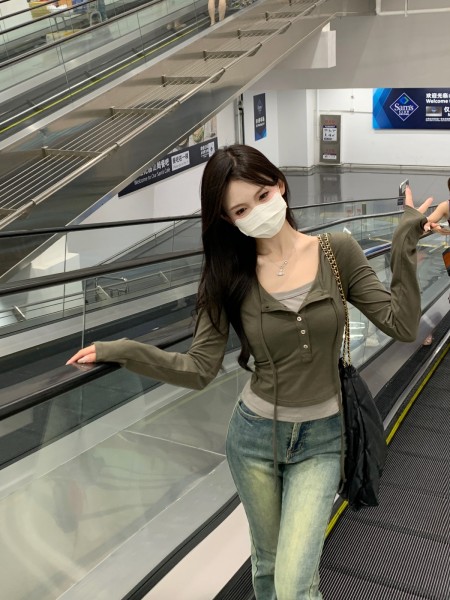 RM21625#韩版修身撞色假两件设计感纯棉内搭长袖女T恤上衣