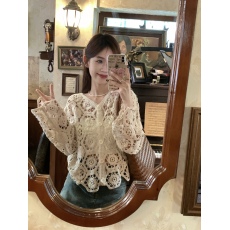 批发实价实拍 韩系重工<b class='q'>镂空</b>杏色钩花工艺长袖针织罩衫开衫