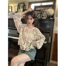 批发实价实拍 韩系重工镂空杏色钩花工艺长袖针织<b class='q'>罩衫</b>开衫