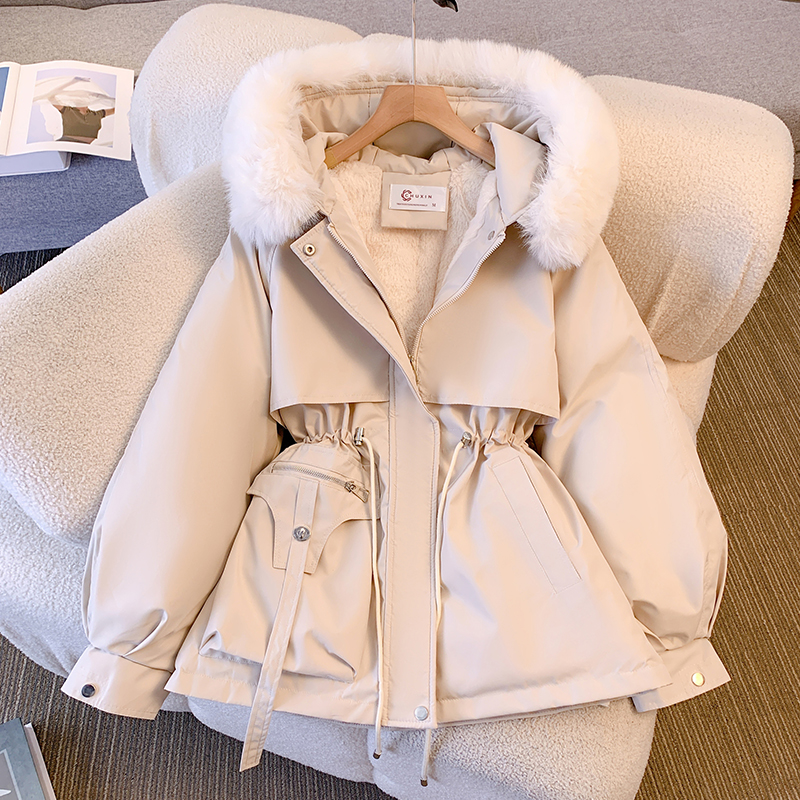  women's mid length waist cinching slimming hooded big fur collar with plush cotton in large size_voghion.com