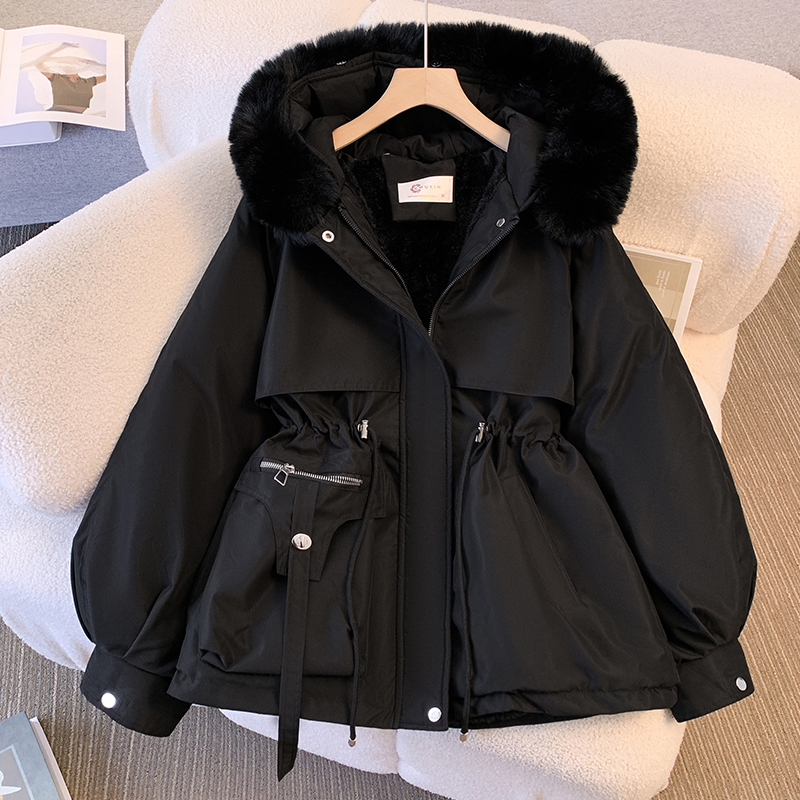  women's mid length waist cinching slimming hooded big fur collar with plush cotton in large size_voghion.com