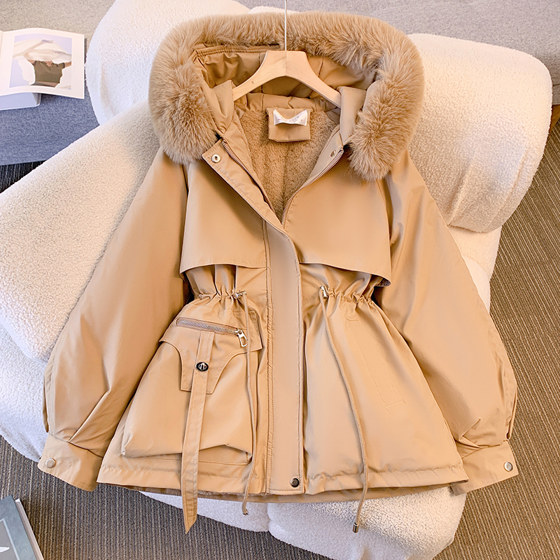  women's mid length waist cinching slimming hooded big fur collar with plush cotton in large size_voghion.com