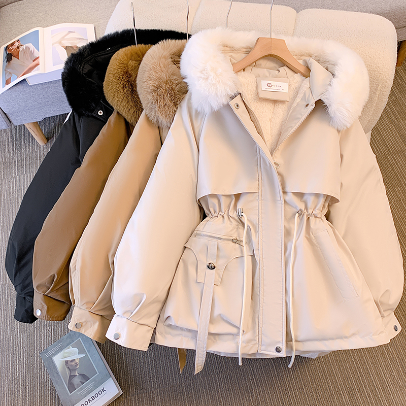  women's mid length waist cinching slimming hooded big fur collar with plush cotton in large size_voghion.com