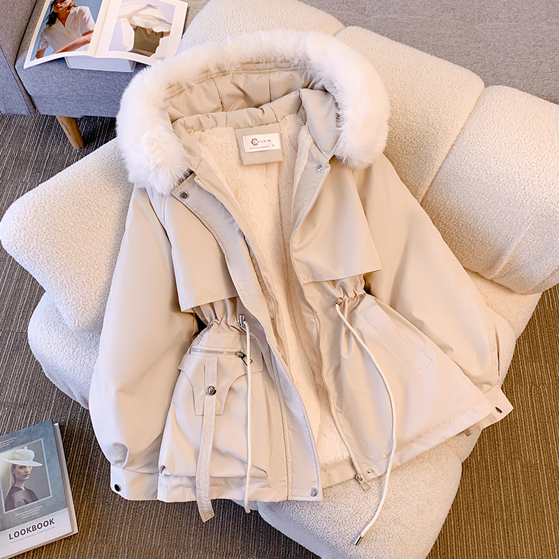 women's mid length waist cinching slimming hooded big fur collar with plush cotton in large size_voghion.com