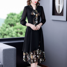 批发秋装2024年新款<b class='q'>中长款</b>法式赫本风不规则收腰显瘦蝴蝶结碎花连